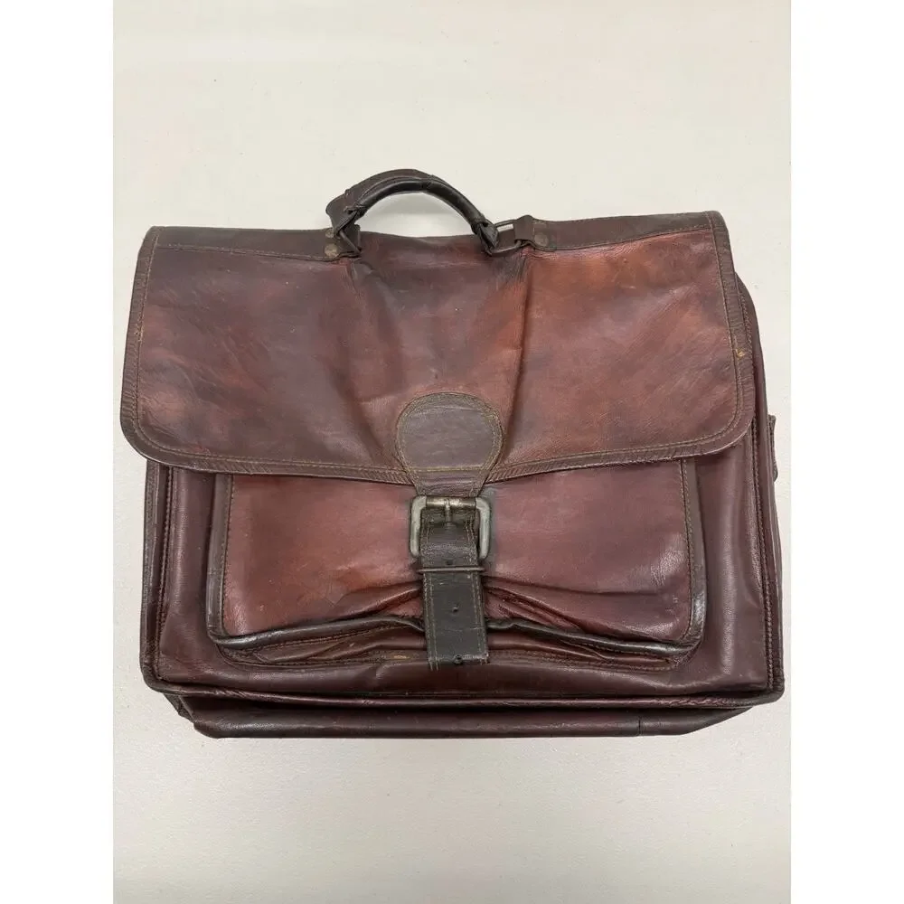 Vintage Brown Leather Messenger Bag-Distressed Patina, Brass Buckle, Green Liner